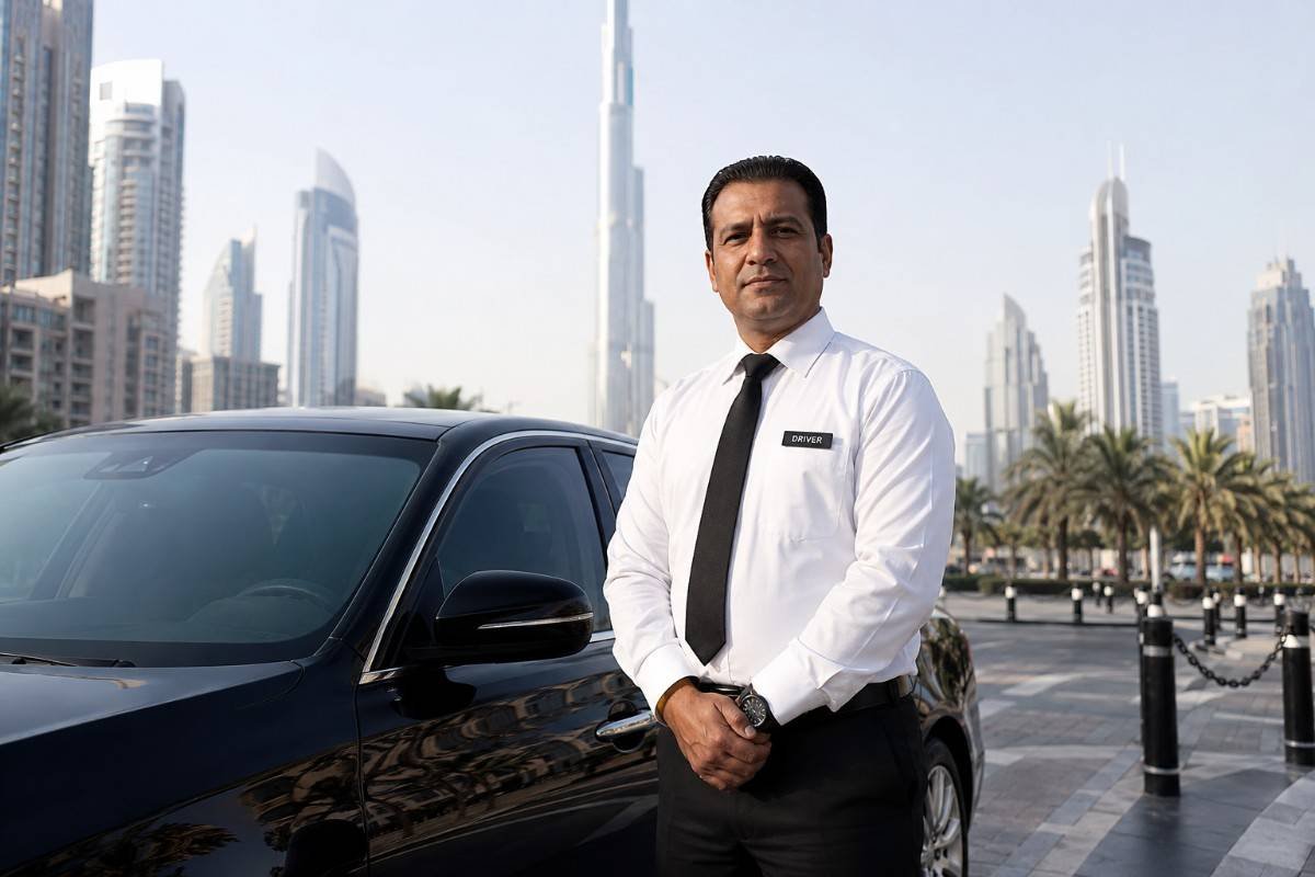 Professional driver standing beside a luxury car in Dubai with city skyline background, representing Dubai driver salary and job opportunities in 2026.